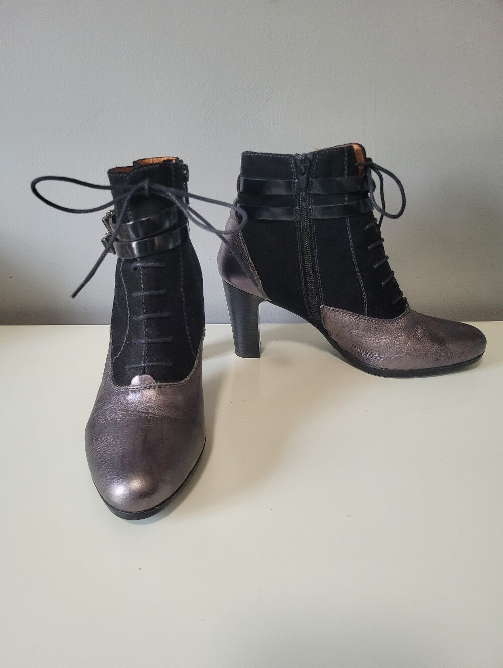 Hispanitas Mixed Media Metallic Black Suede Heeled Ankle Boots, Size 38